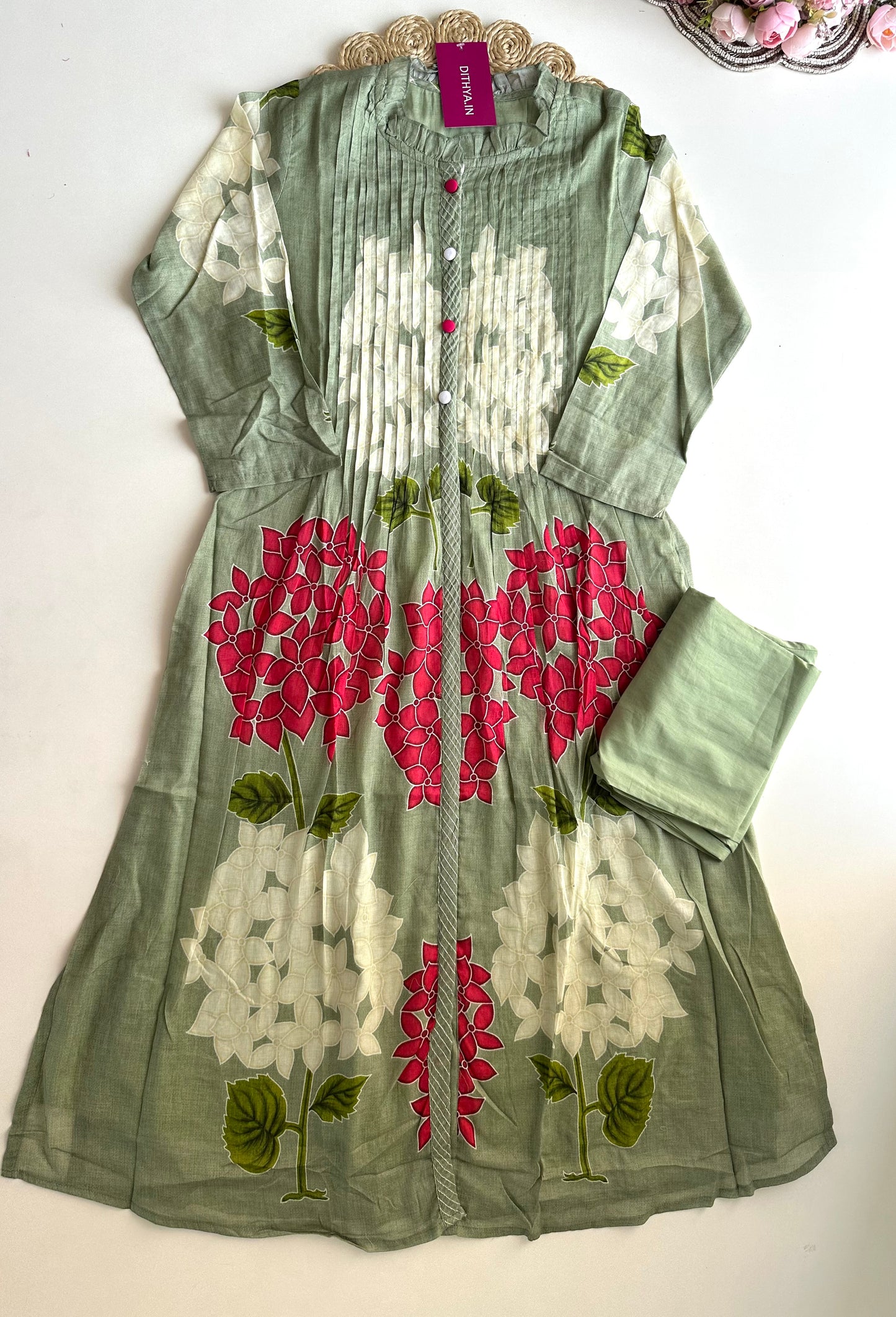 K367 - Cotton pintex floral Aline Kurti with pants