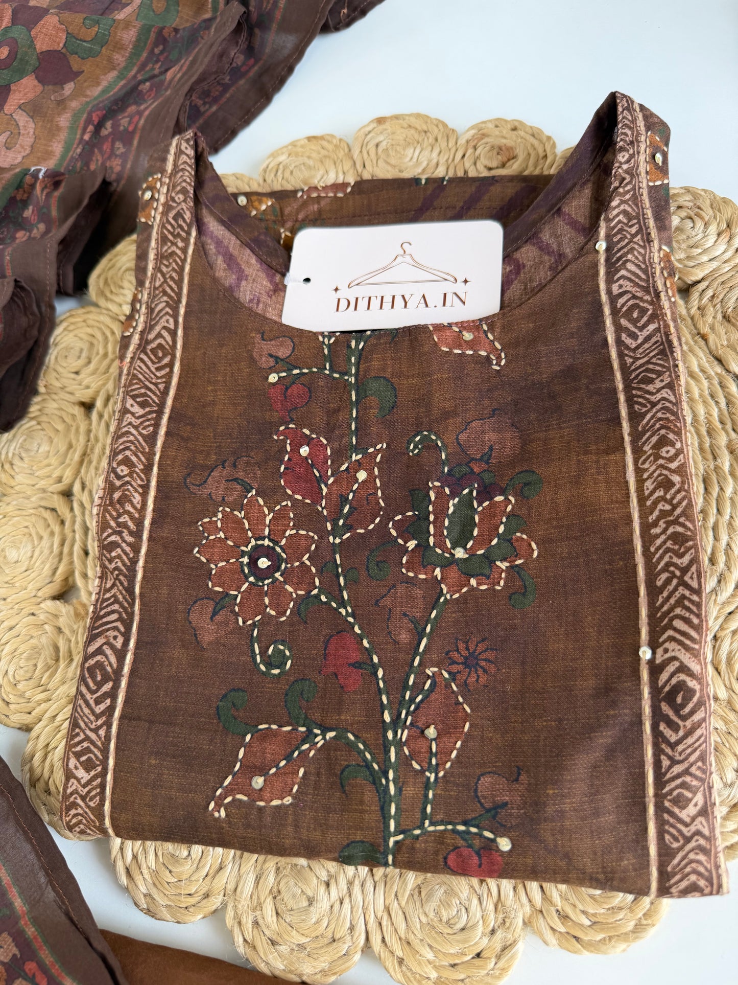 K317 - Cotton embroidered straight Kurti with pants and dupatta