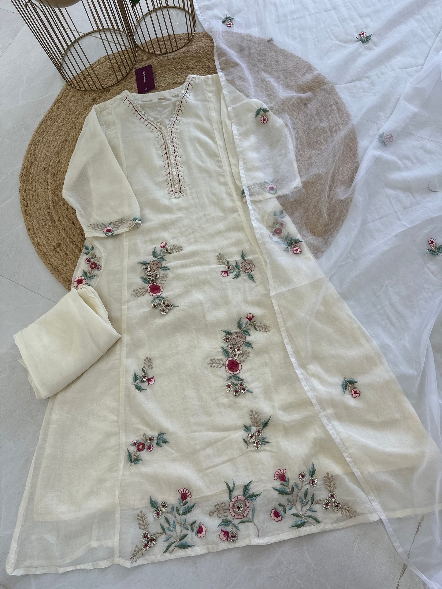 K340 - Mulmul chanderi embroidered Aline Kurti with pants and dupatta .
