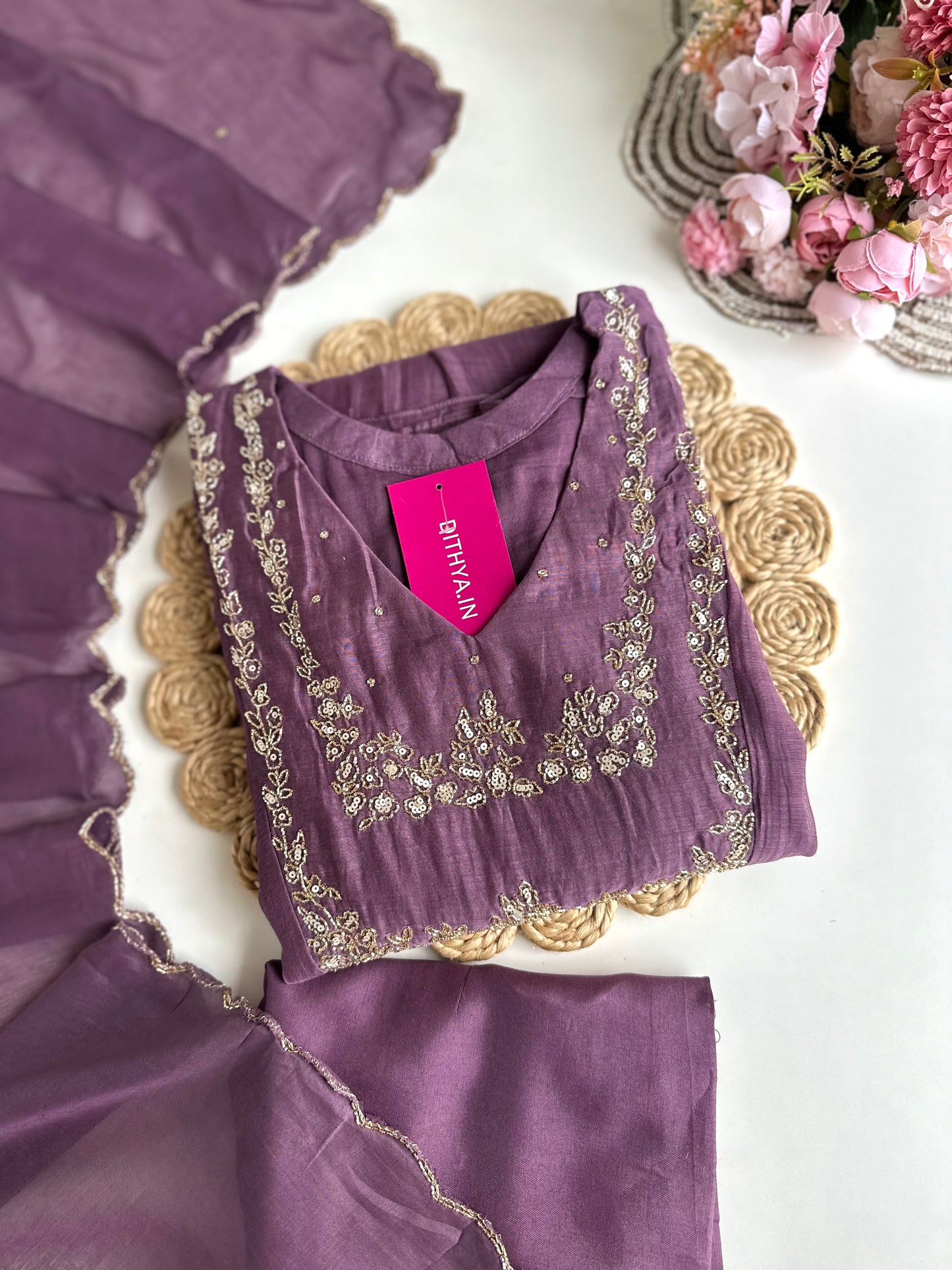 K076 - Mul Chanderi handwork Aline Kurti with pants and dupatta