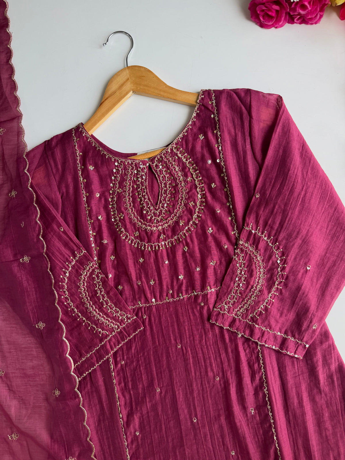 K446 - Surat Mul chanderi handwork aline Kurti with pants and dupatta in 2 colours