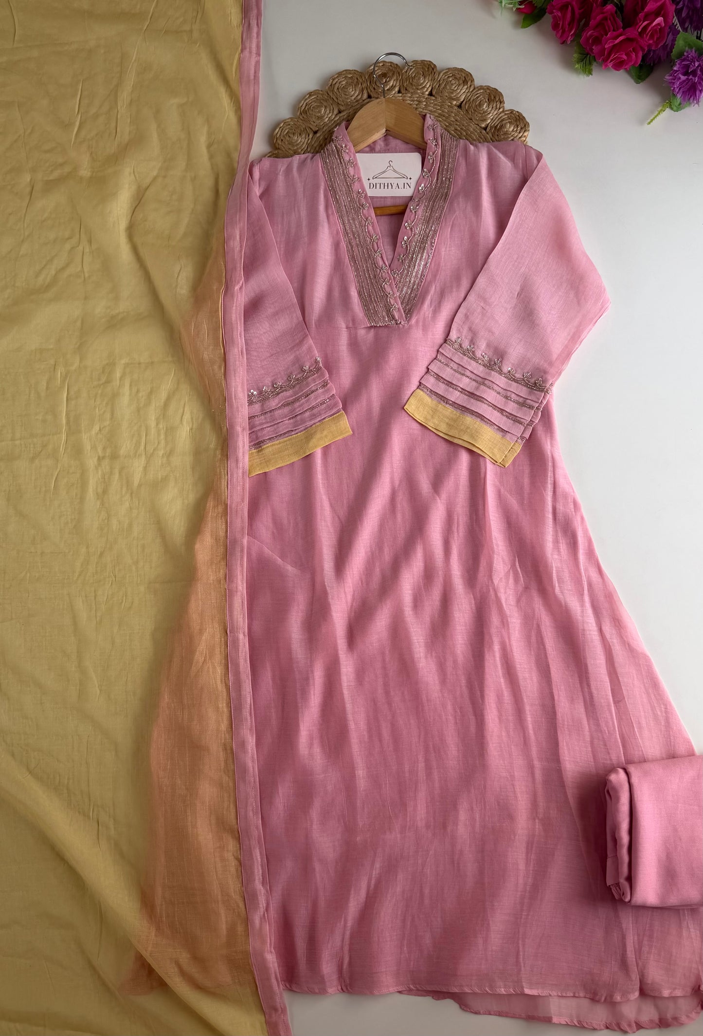 K734 - Mul chanderi handwork aline Kurti with pants and dupatta