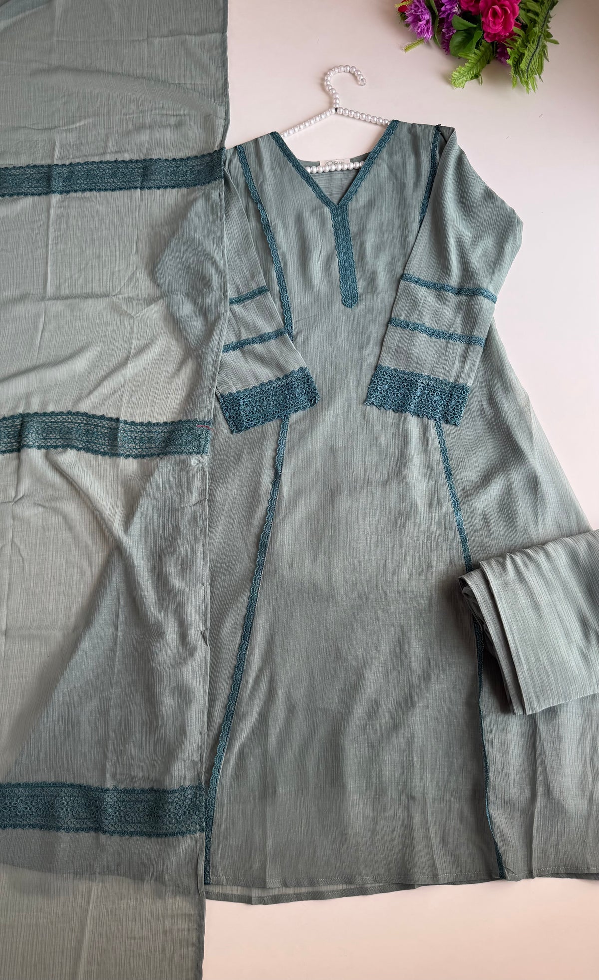 K515 - Crushed Mul cotton embroidered Aline Kurti with pants and dupatta in 2 colours