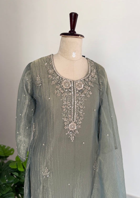 K712 - Glass crush tissue handwork Anarkali with pants and dupatta in 2 colours