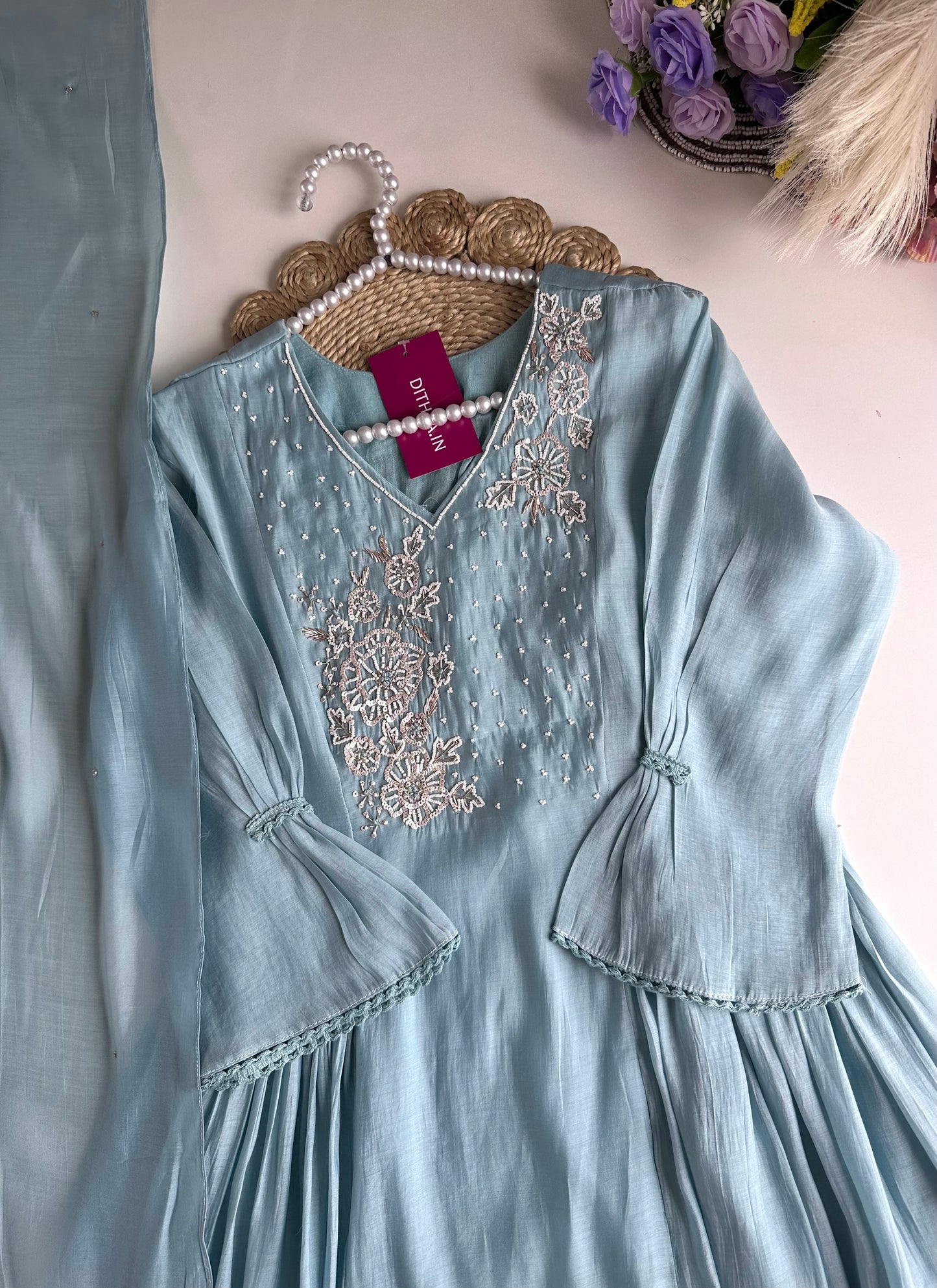 K178 - Mul Chanderi handwork Anarkali with pants and dupatta in 2 colours