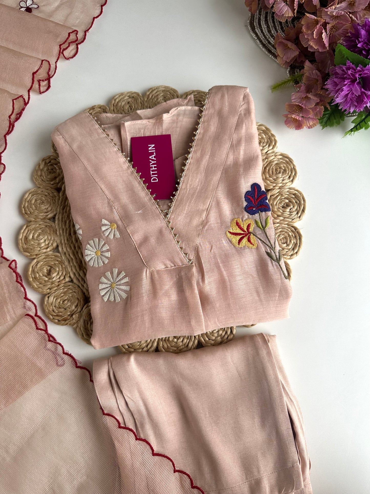 K302 - Mul Chanderi Appliqué work Aline Kurti with pants and dupatta