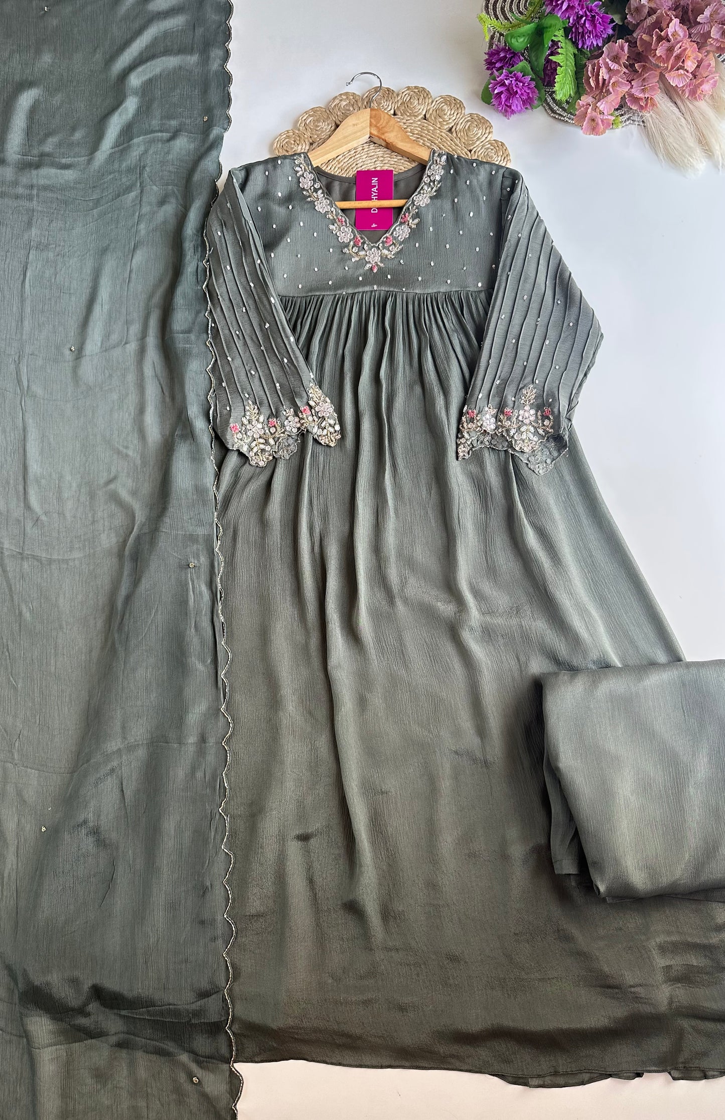 K028 - Pure Chinnon handwork Anarkali with pants and dupatta