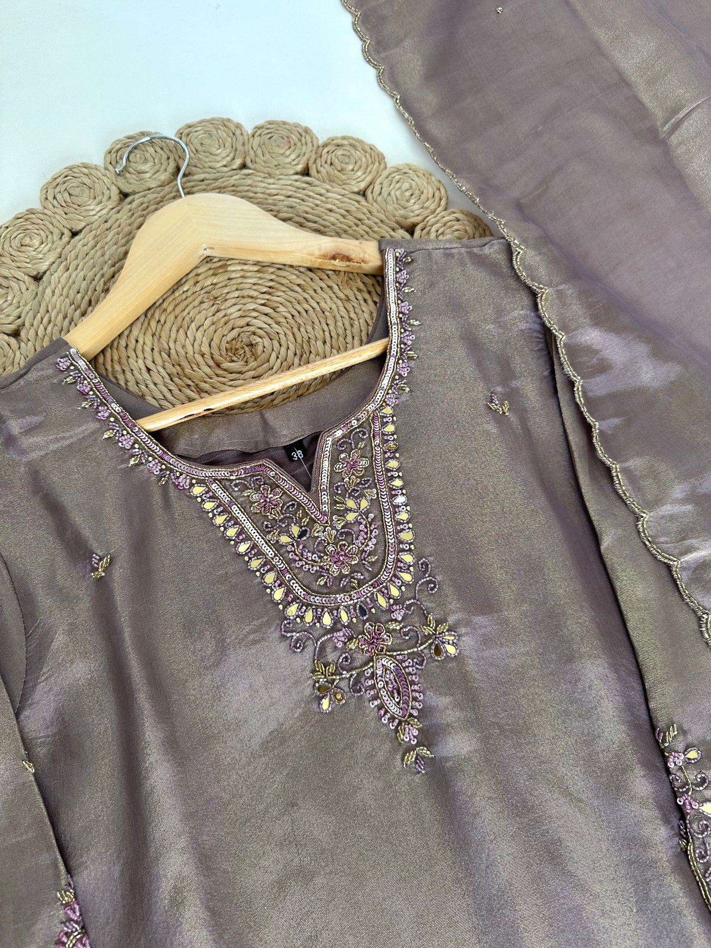 K155 - Tissue silk handwork Short kurti with palazzo and dupatta
