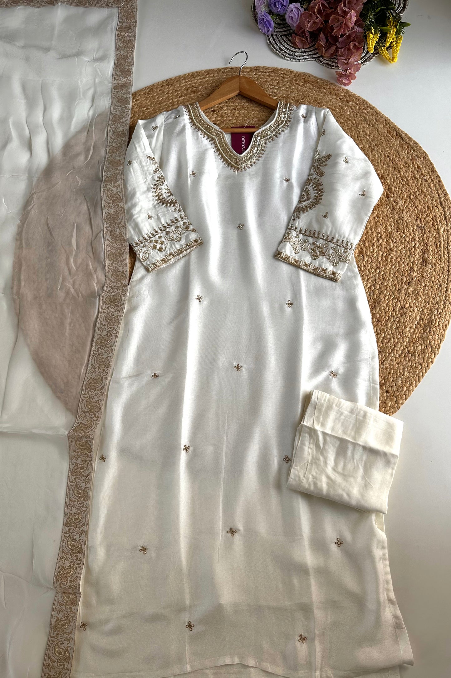 D022 -Russian silk straight kurti with pants and dupatta