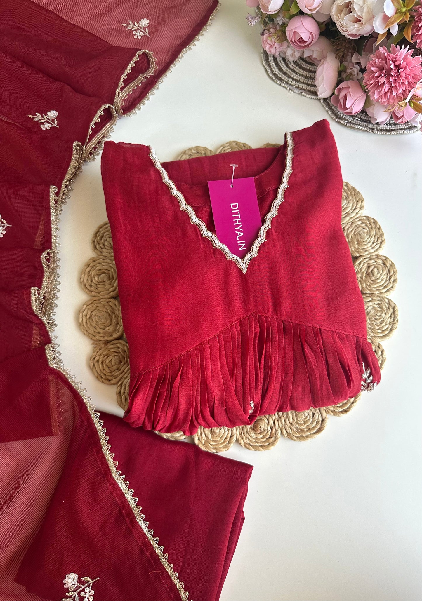 K112 - Mul Chanderi Handwork Anarkali with pants and dupatta