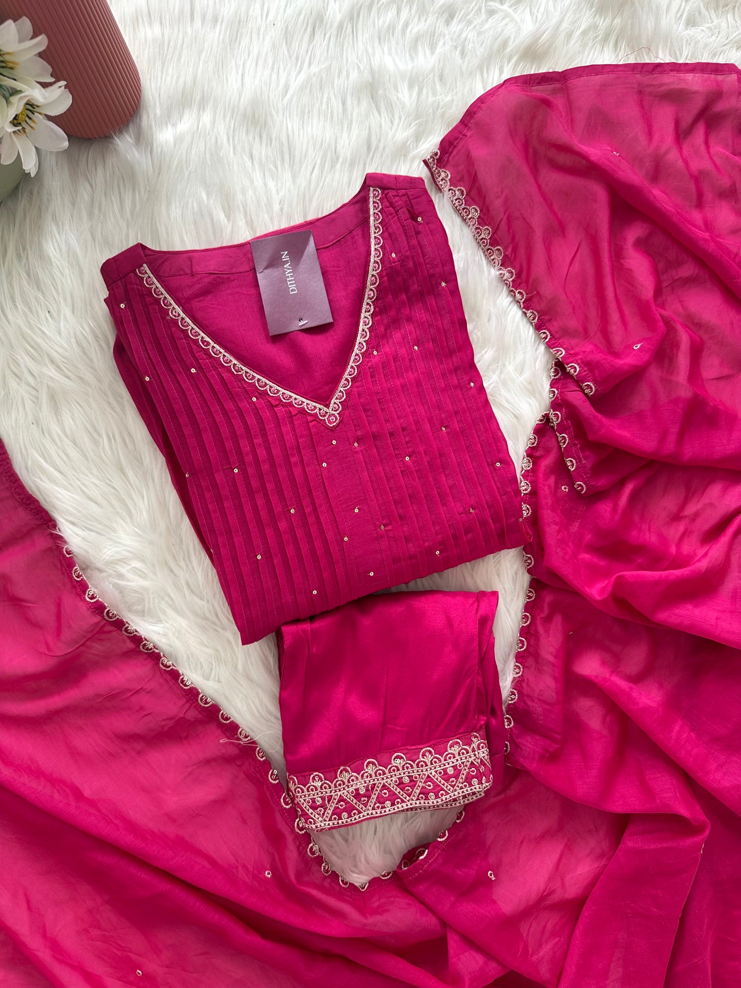 K369 - Mul Chanderi zari work Aline Kurti with pants and dupatta in 2 colours
