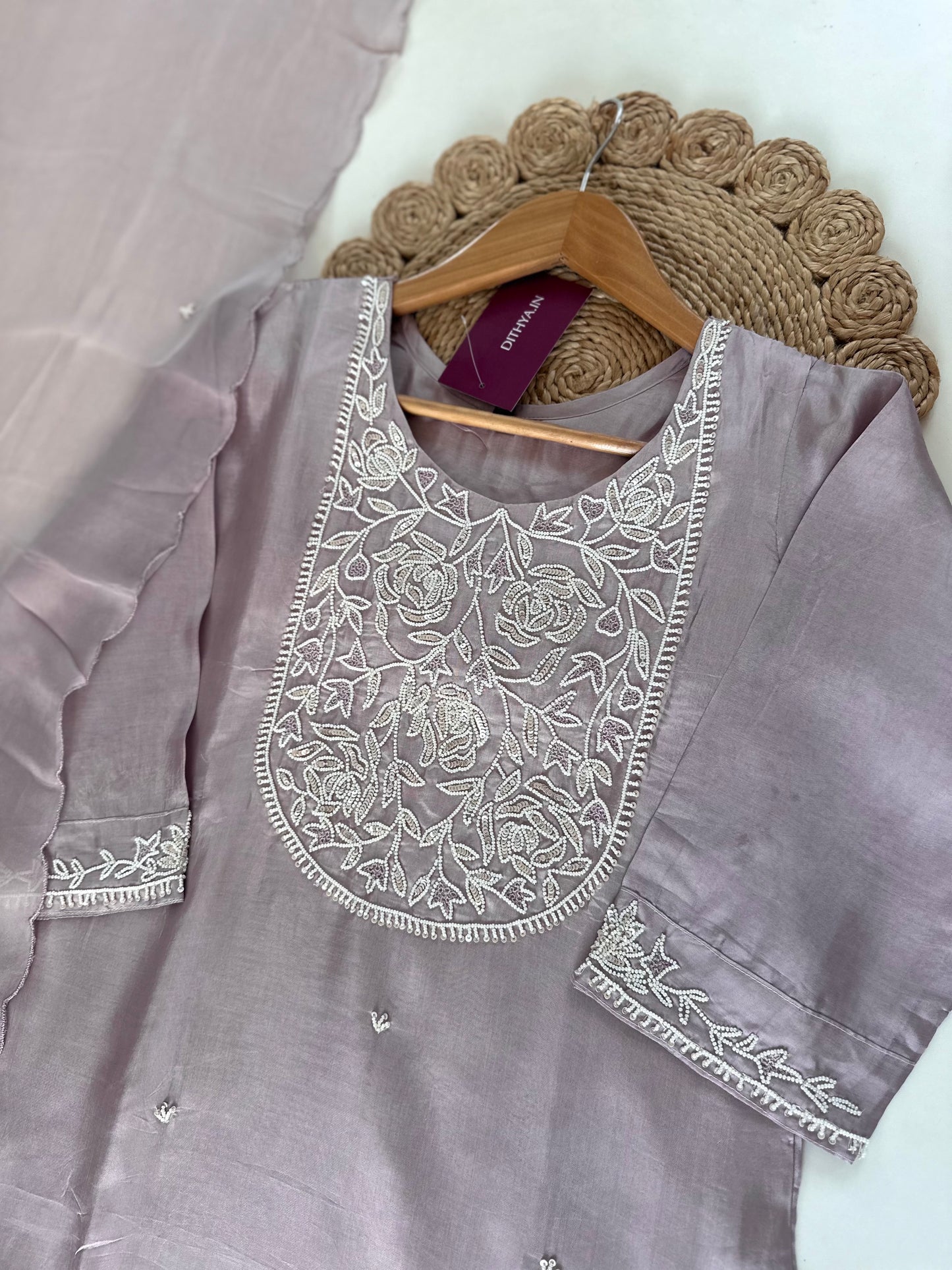 K183 - Abuthai silk pearl work straight kurti with pants and dupatta.