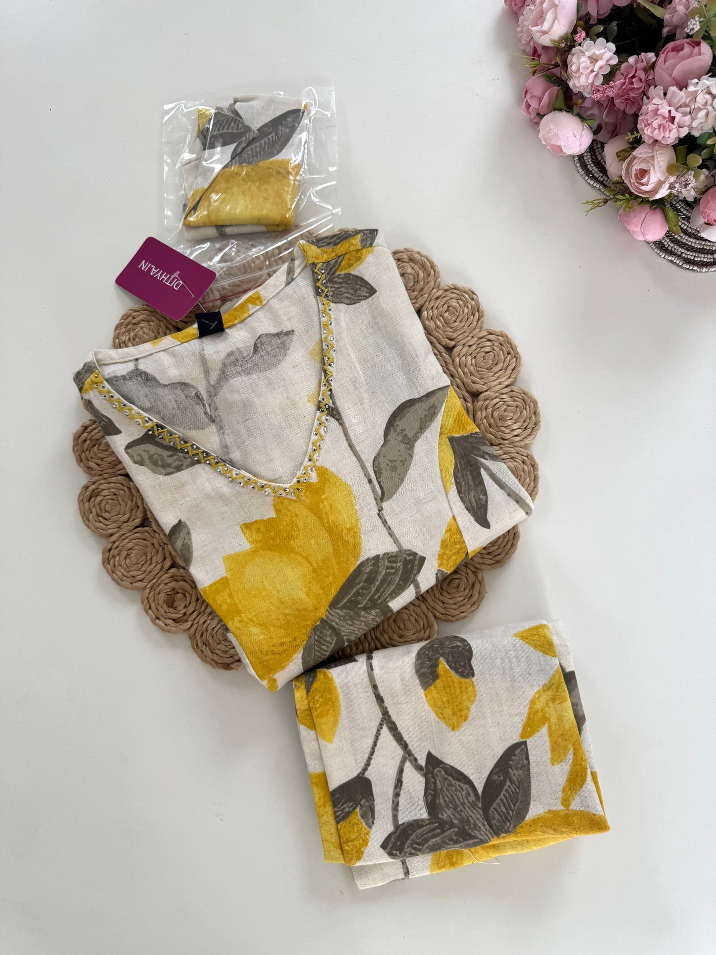 K004 - Cotton floral sleeveless Aline Kurti with pants