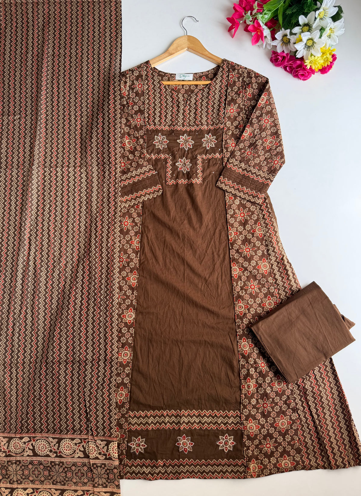 K076 - Mul cotton printed embroidered Aline Kurti with pants and dupatta