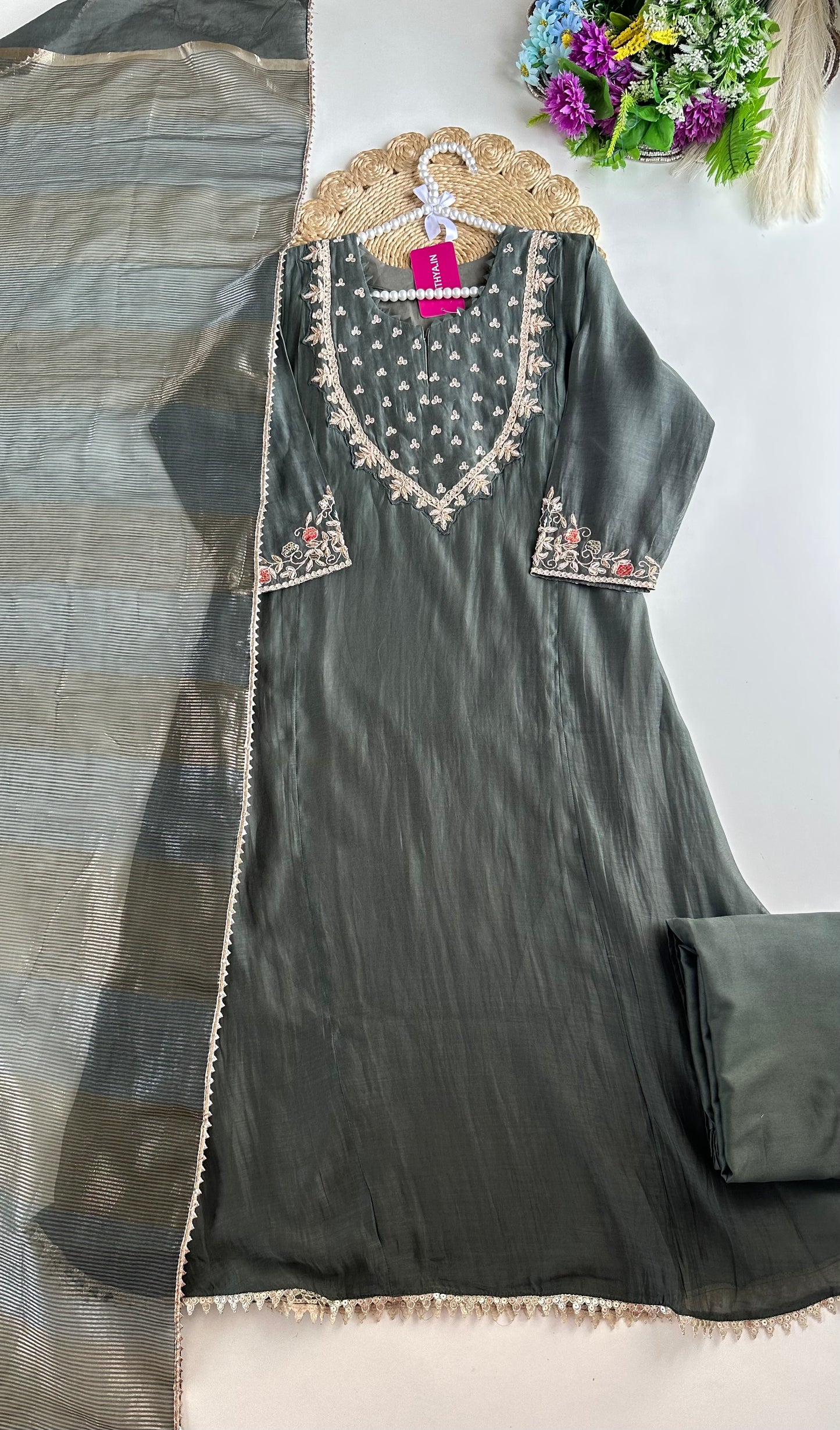 K072 - Mul Chanderi handwork Aline Kurti with pants and dupatta