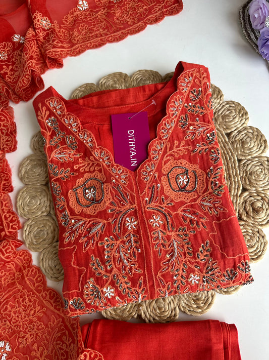 K141 - Mul Chanderi handwork Straight Kurti with pants and dupatta
