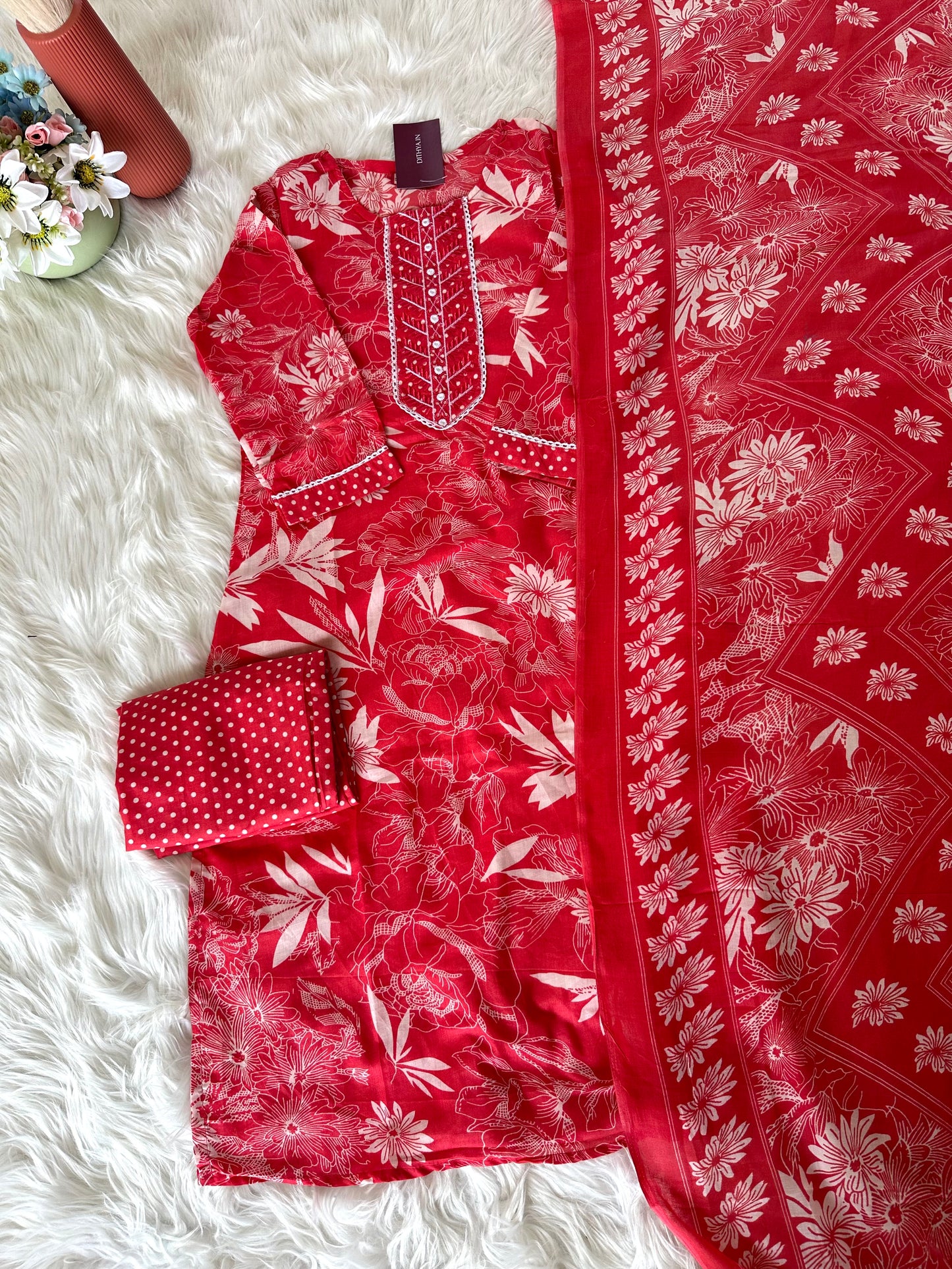 K385 - Cotton printed straight Kurti with pants and dupatta in 2 colours