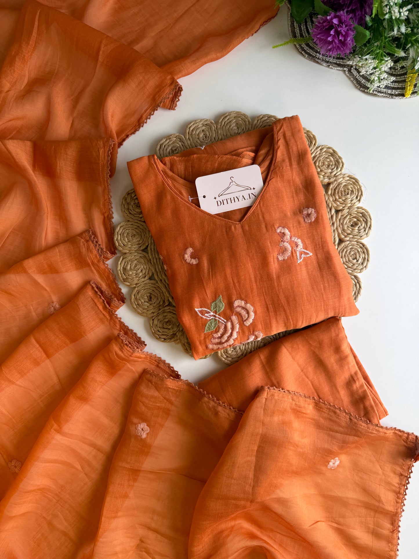 K194 - Mul chanderi embroidered aline Kurti with pants and dupatta