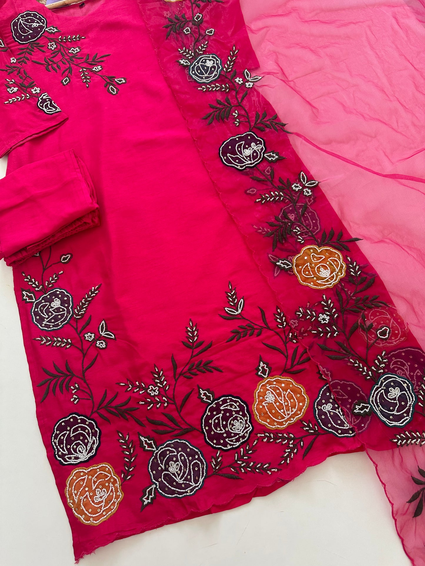 K074 - Russian silk Handwork straight kurti with pants and organza dupatta .