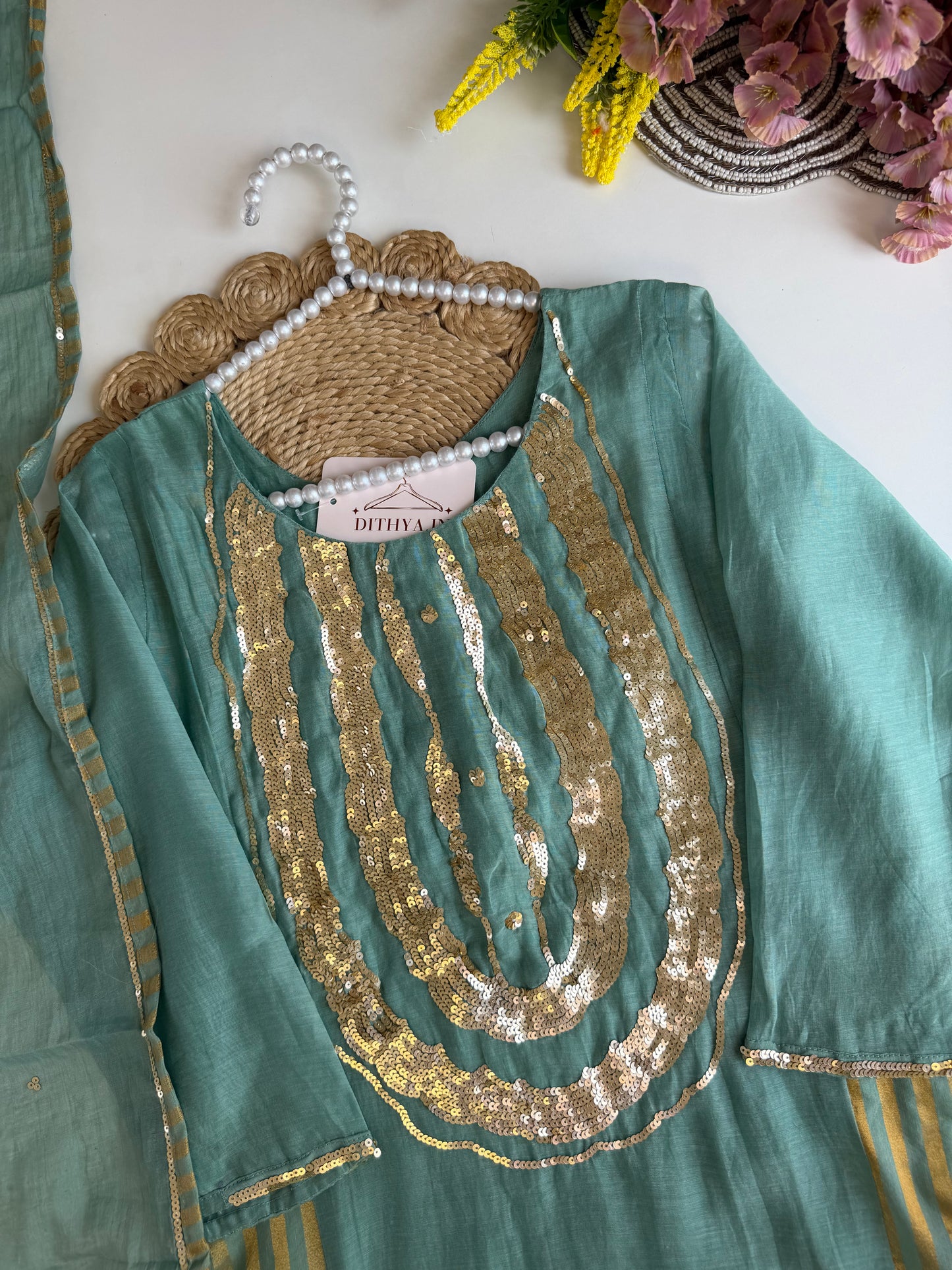 K342 - Mul Chanderi handwork Anarkali with pants and dupatta