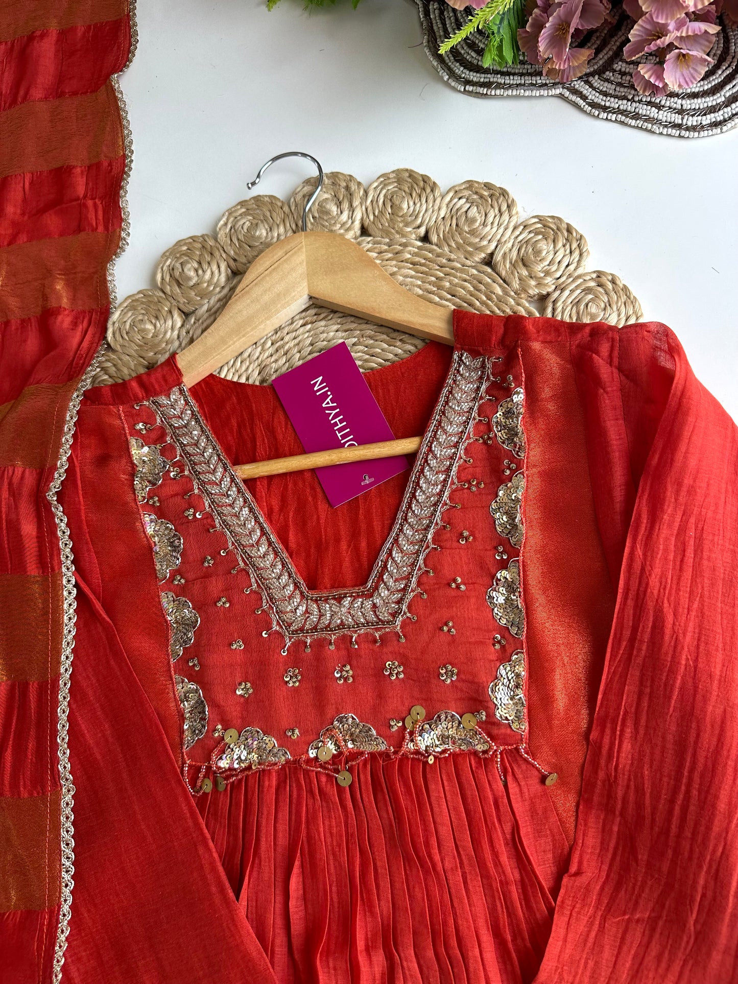 K405 - Mul Chanderi handwork Aline Kurti with pants and dupatta in 2 colours