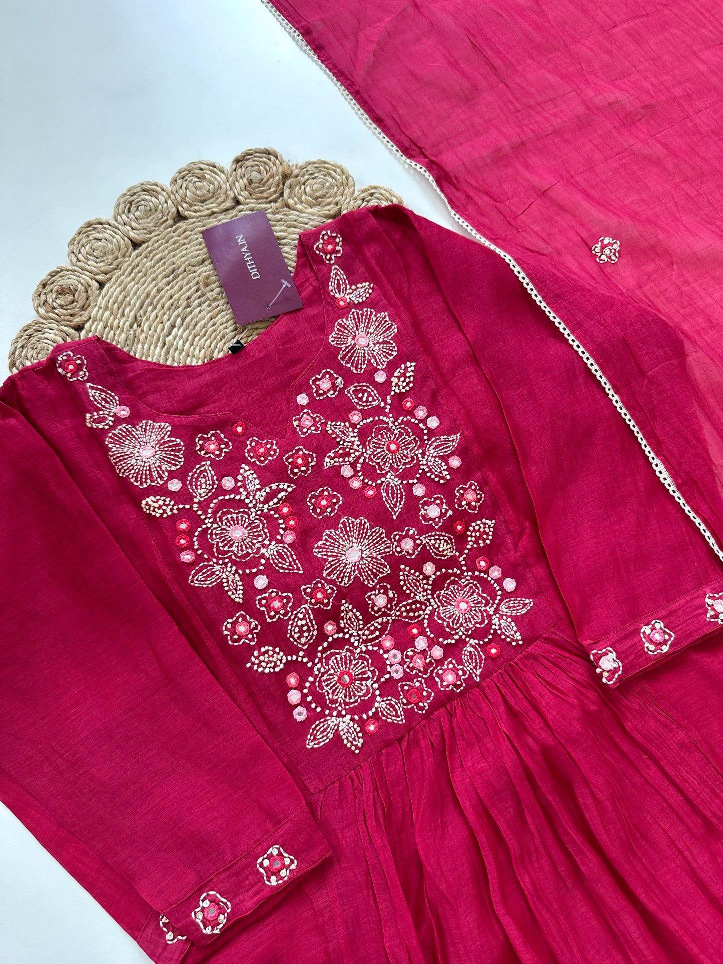 K223 - Mul Chanderi Embroidered Aline Kurti with pants and dupatta