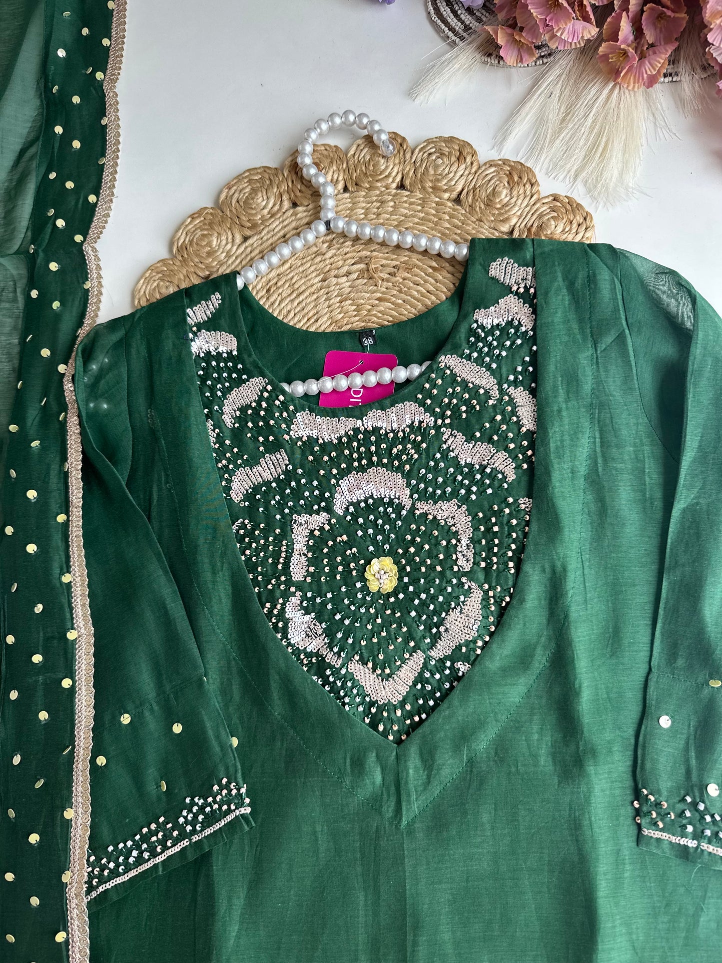 K032 - Pure mul Chanderi handwork Aline Kurti with pants and dupatta in 2 colours