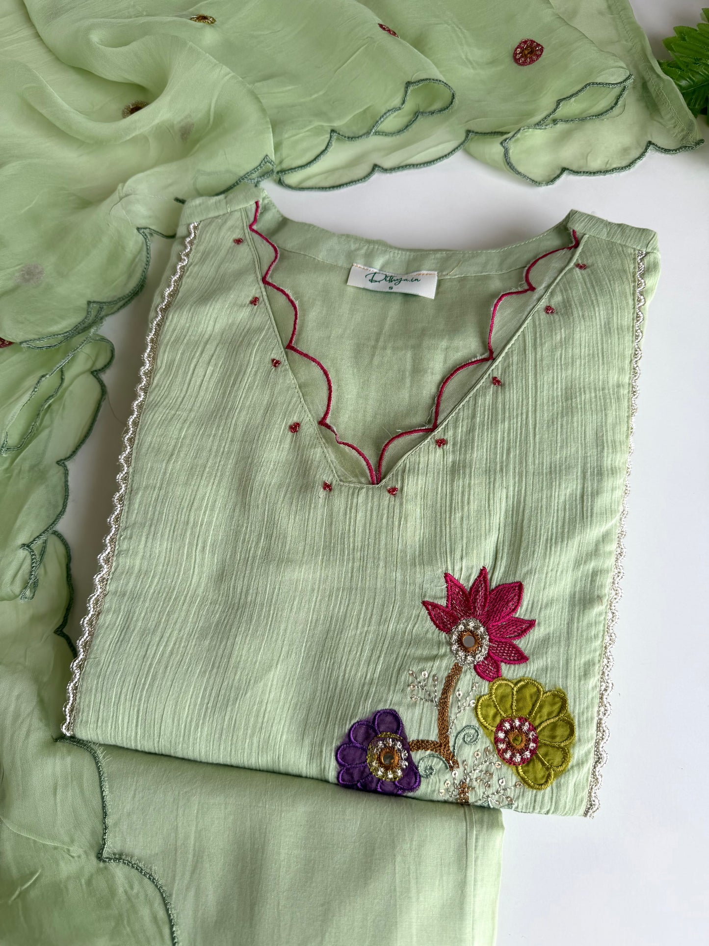 K539 - Crushed mul Chanderi embroidered Aline Kurti with pants and dupatta