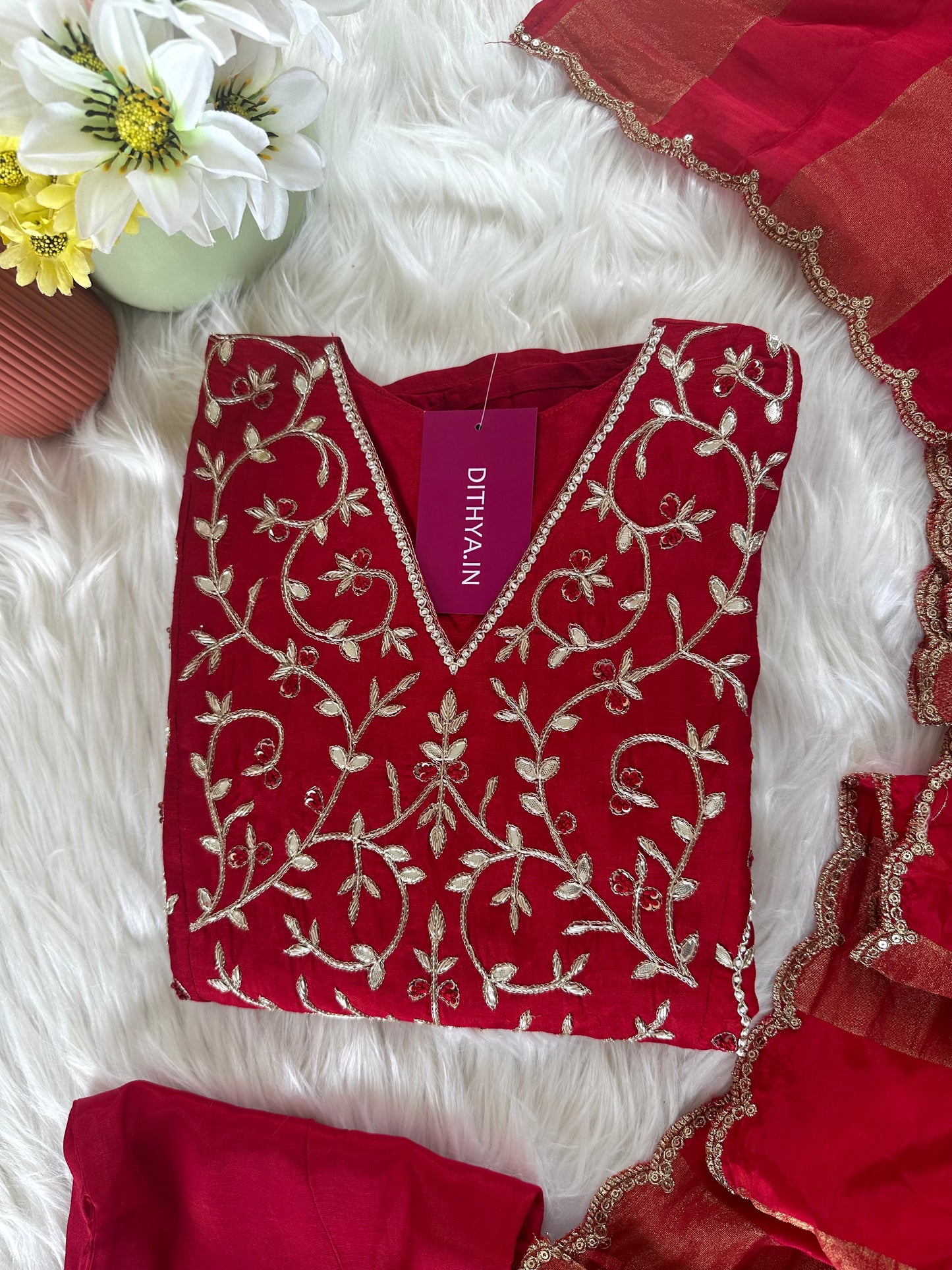 K419 - Russian silk handwork Aline Kurti with pants and dupatta