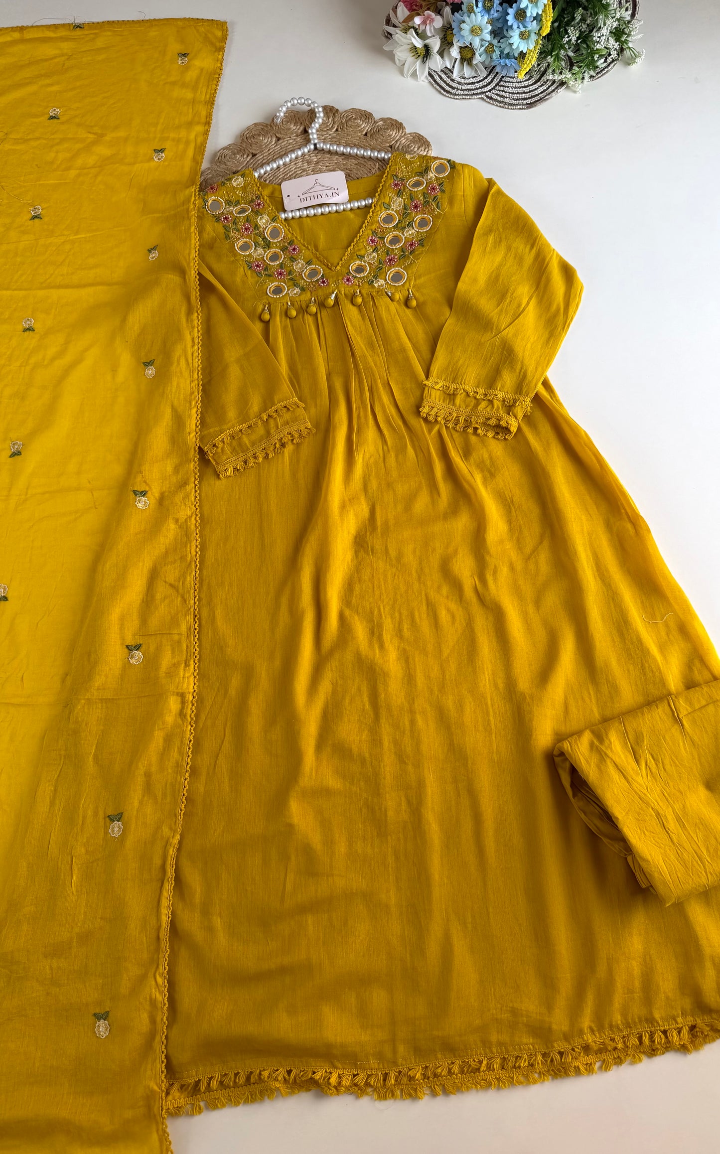 K631 - Mul cotton embroidered Aline Kurti with pants and dupatta