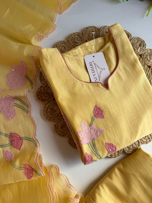 K193 - Mul chanderi appliqué straight Kurti with pants and dupatta