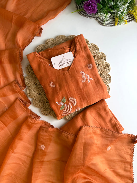 K194 - Mul chanderi embroidered aline Kurti with pants and dupatta