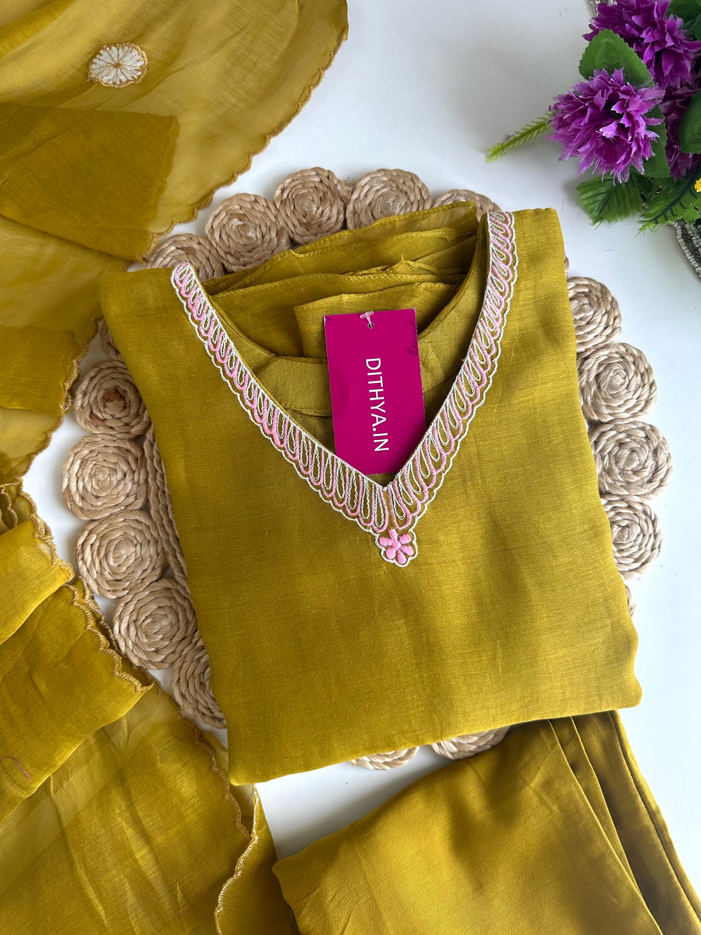 K292 - Mul Chanderi Appliqué work Aline Kurti with pants and dupatta