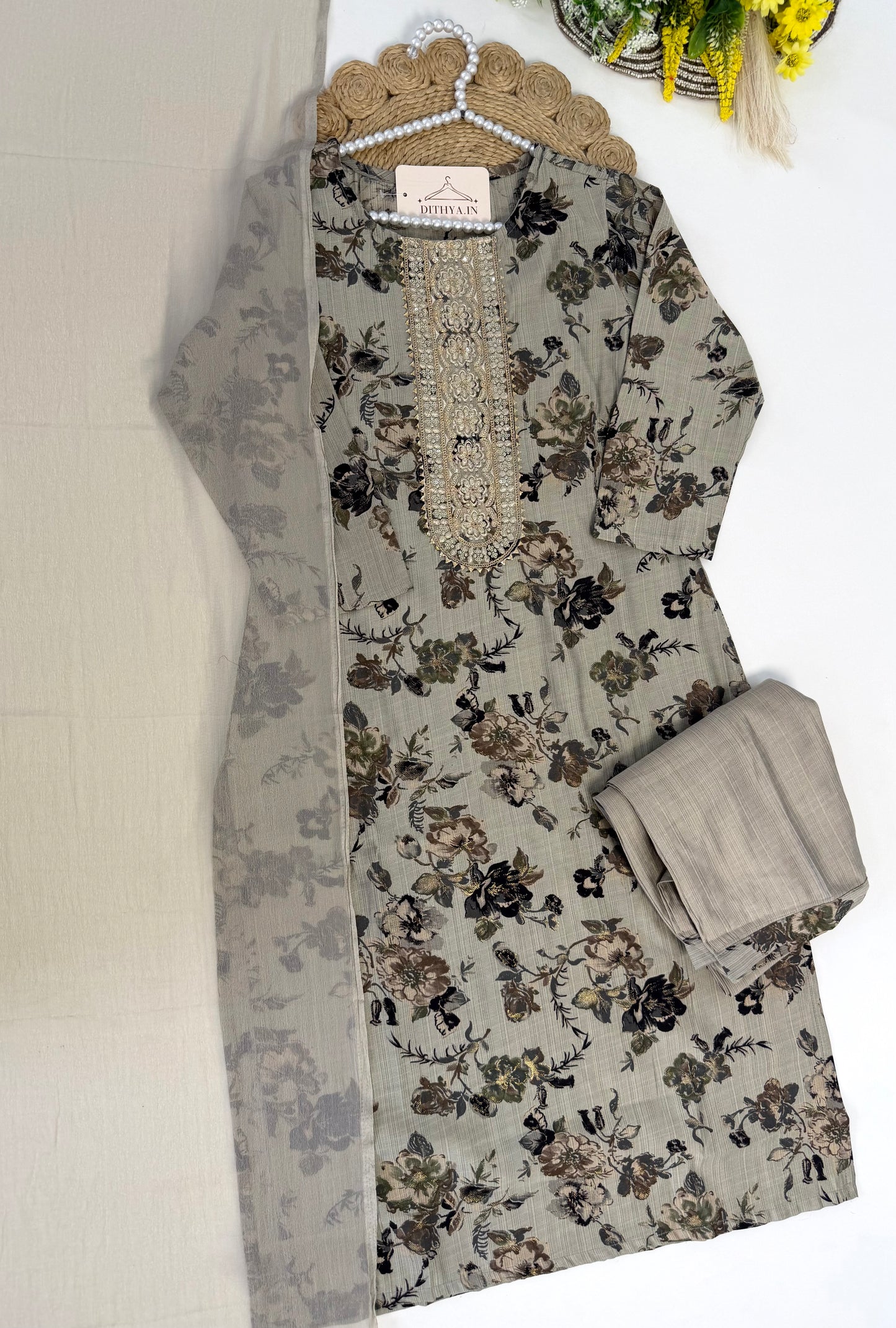 K542 - Roman silk embroidered straight Kurti with pants and dupatta