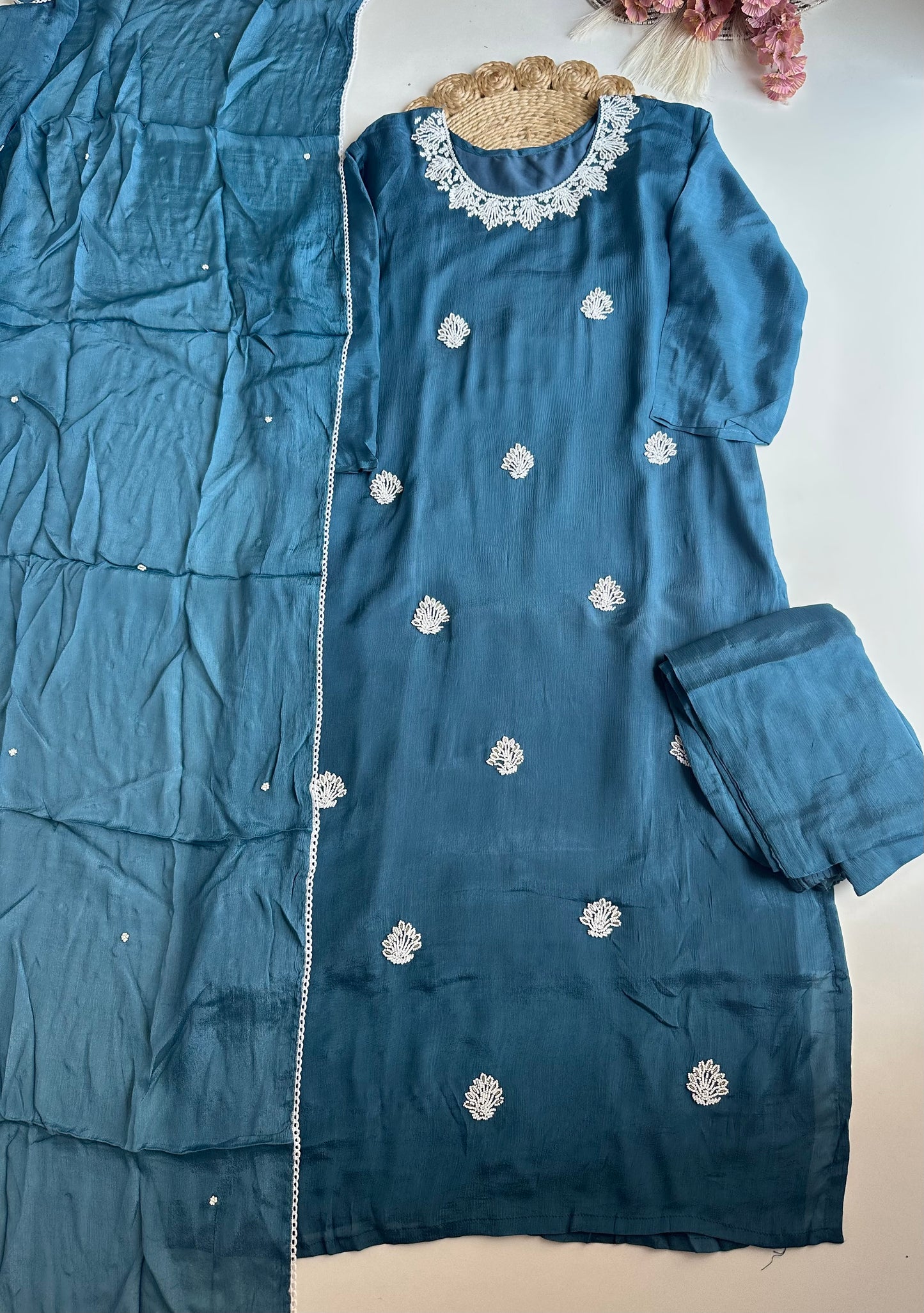 D258 - Chinnon silk straight kurti with pants and dupatta