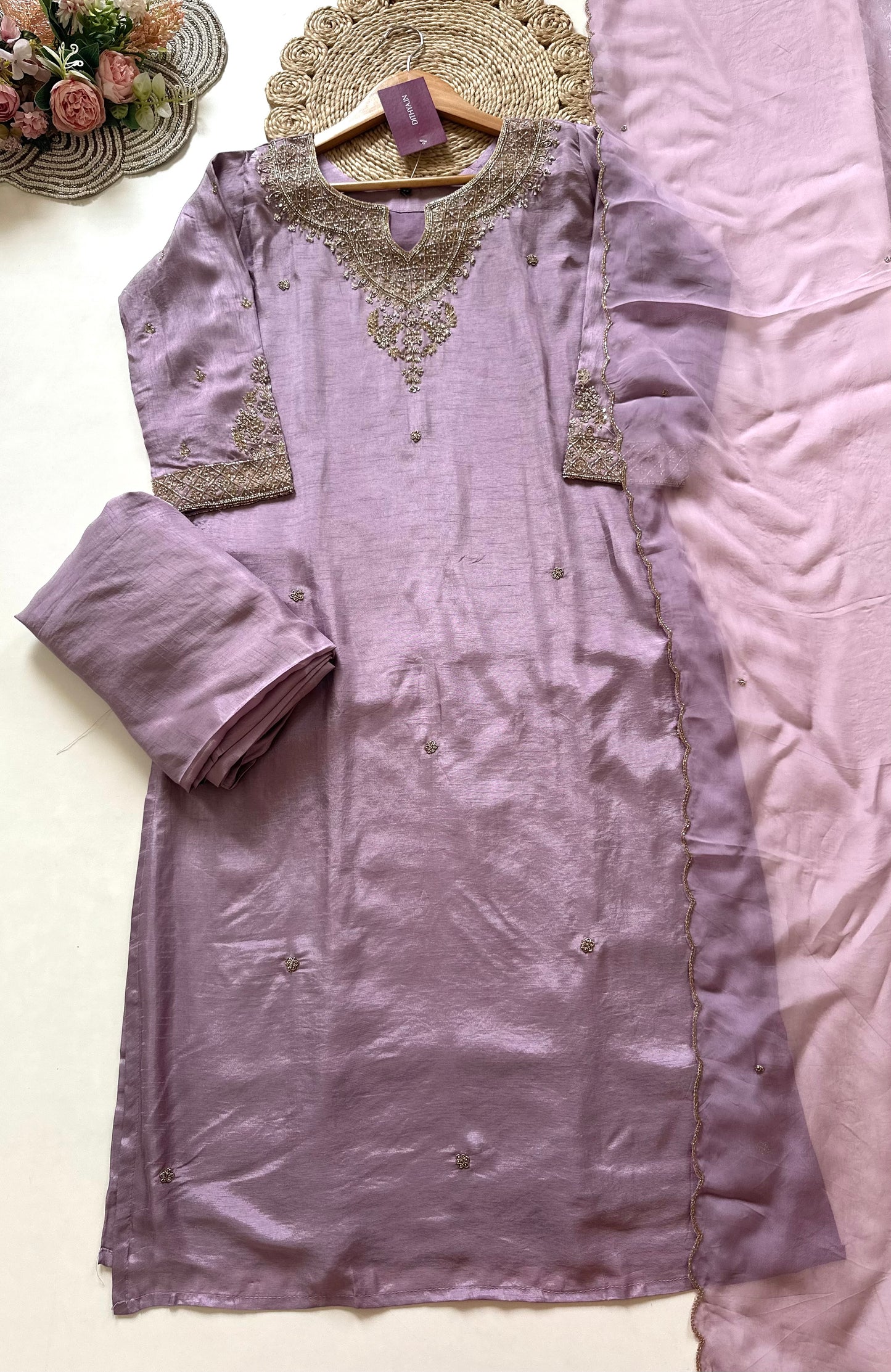 K297 - Dola silk handwork Straight kurti with palazzo and dupatta
