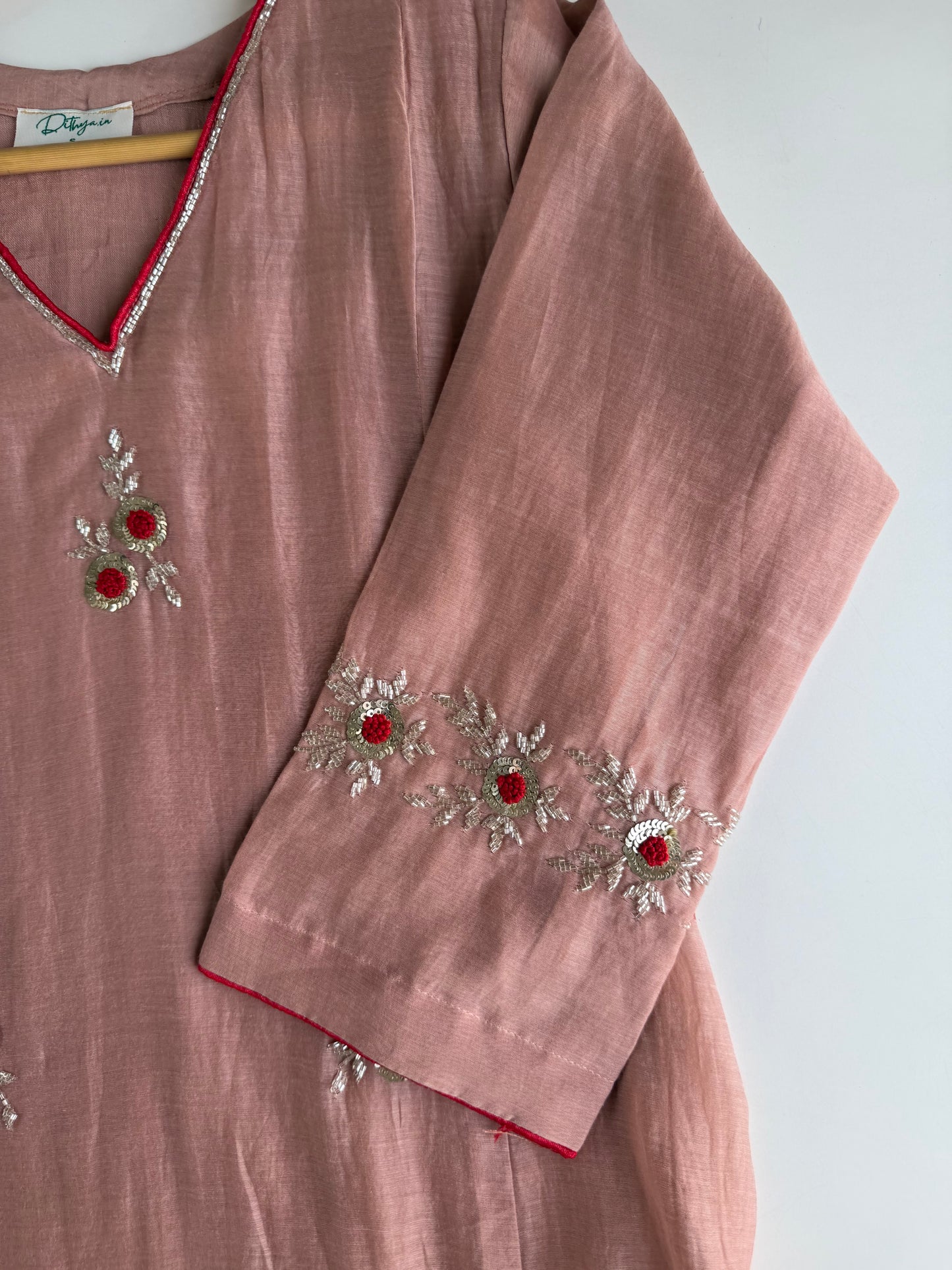 K484 - Mul chanderi handwork aline Kurti with pants and dupatta