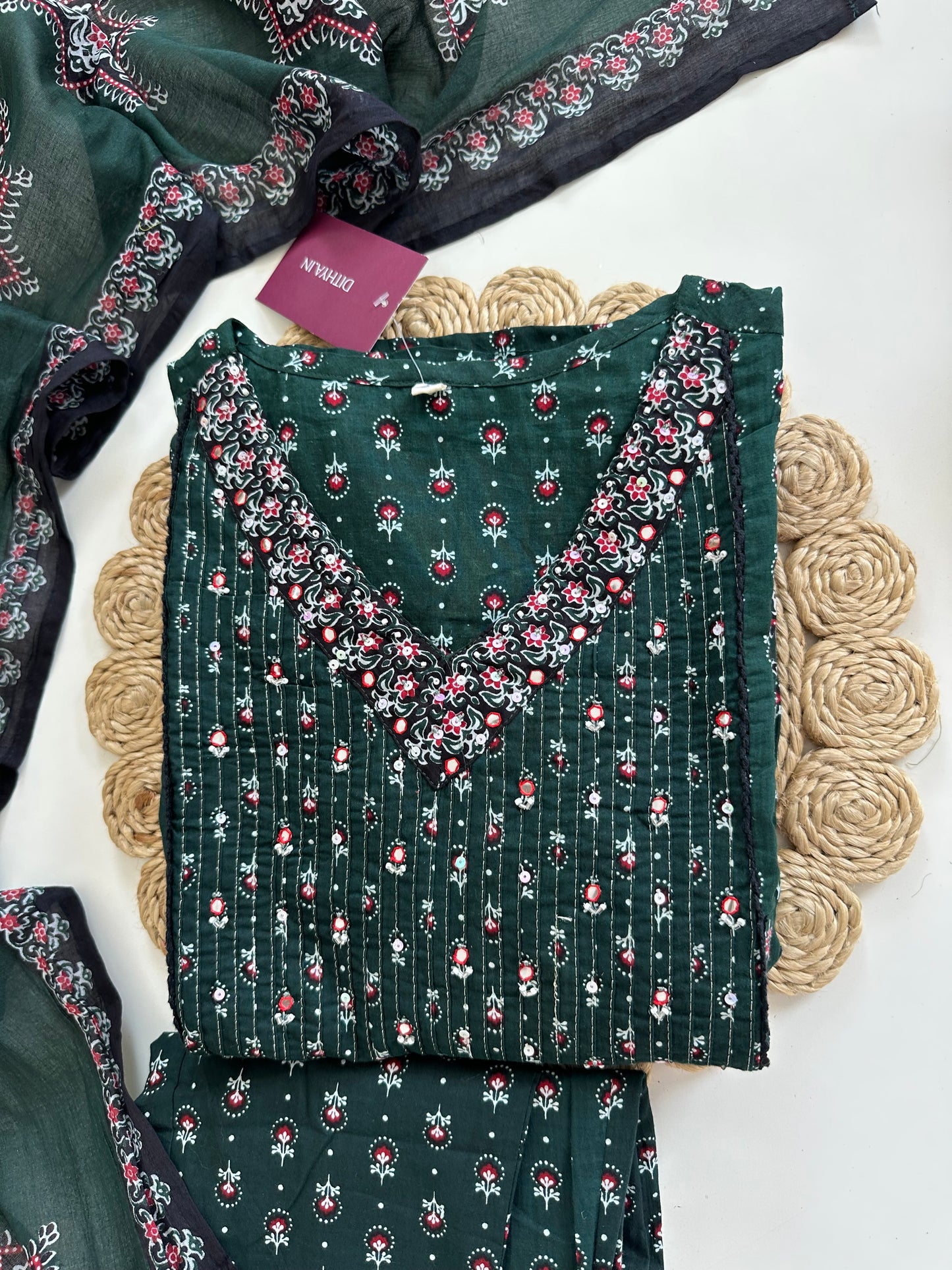 K020 - Mul cotton floral Aline Kurti with pants and dupatta
