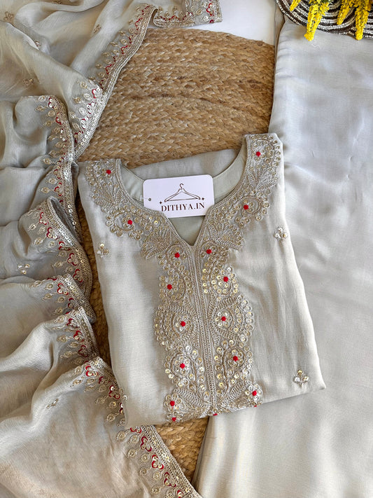 K435 - Chinnon zari work short Kurti with palazzo and dupatta