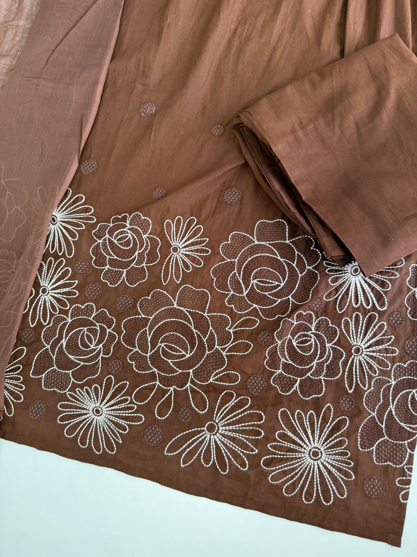 K554 - Mul cotton embroidered Aline Kurti with pants and dupatta