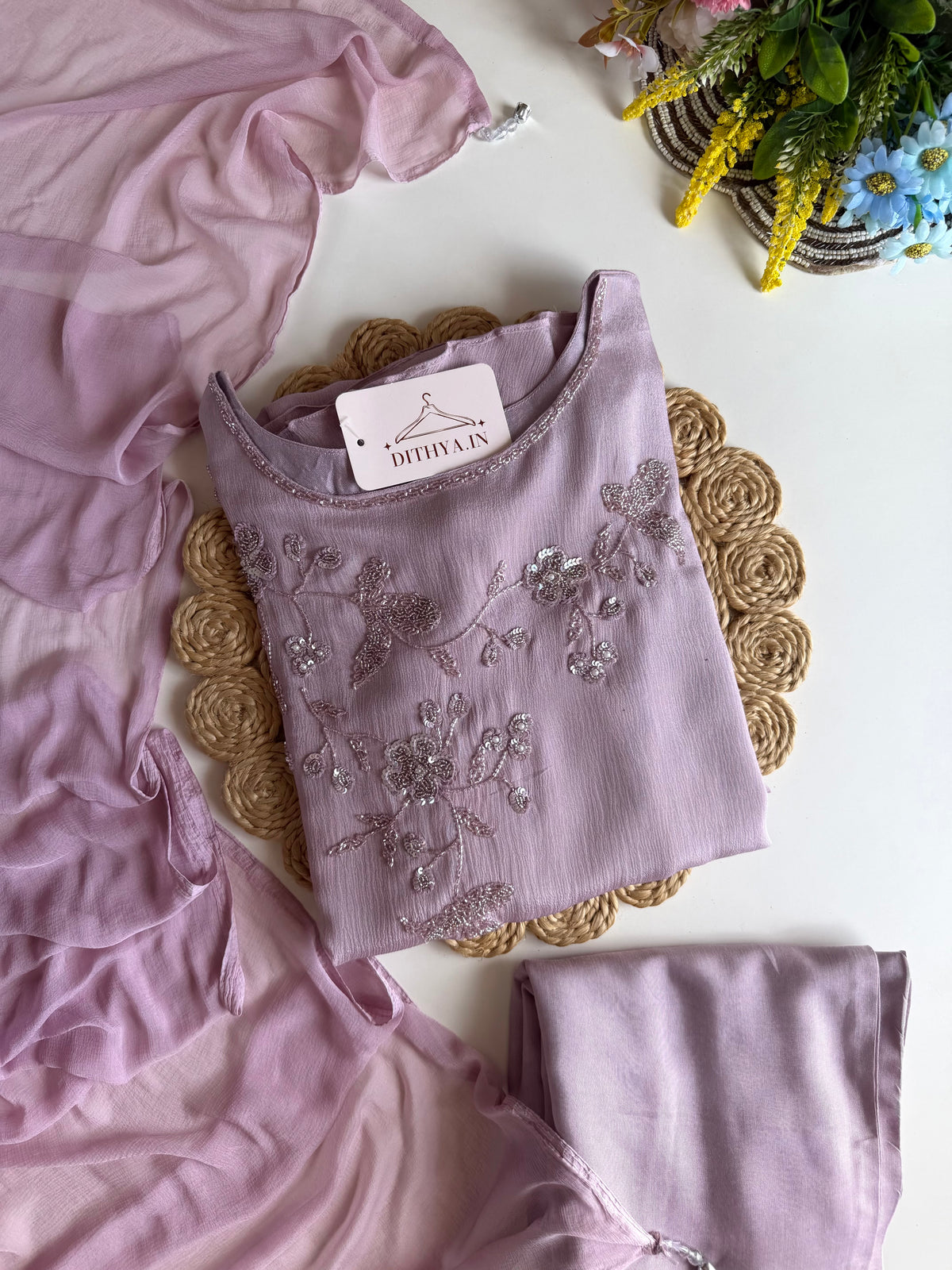 K456 - Pure Chinnon handwork aline Kurti with pants and dupatta