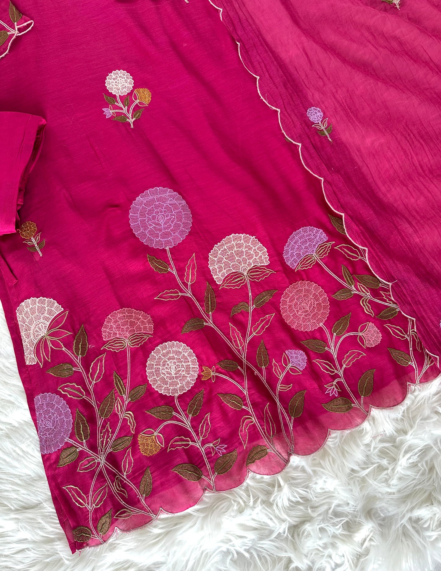 K035 - Mul Chanderi appliqué work straight Kurti with pants and dupatta