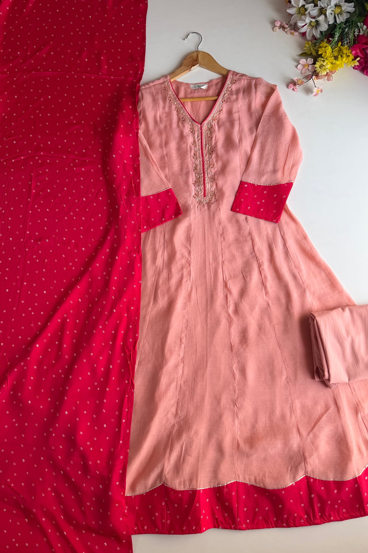 K020 - Surat Mul chanderi handwork Anarkali with pants and bandhini dupatta