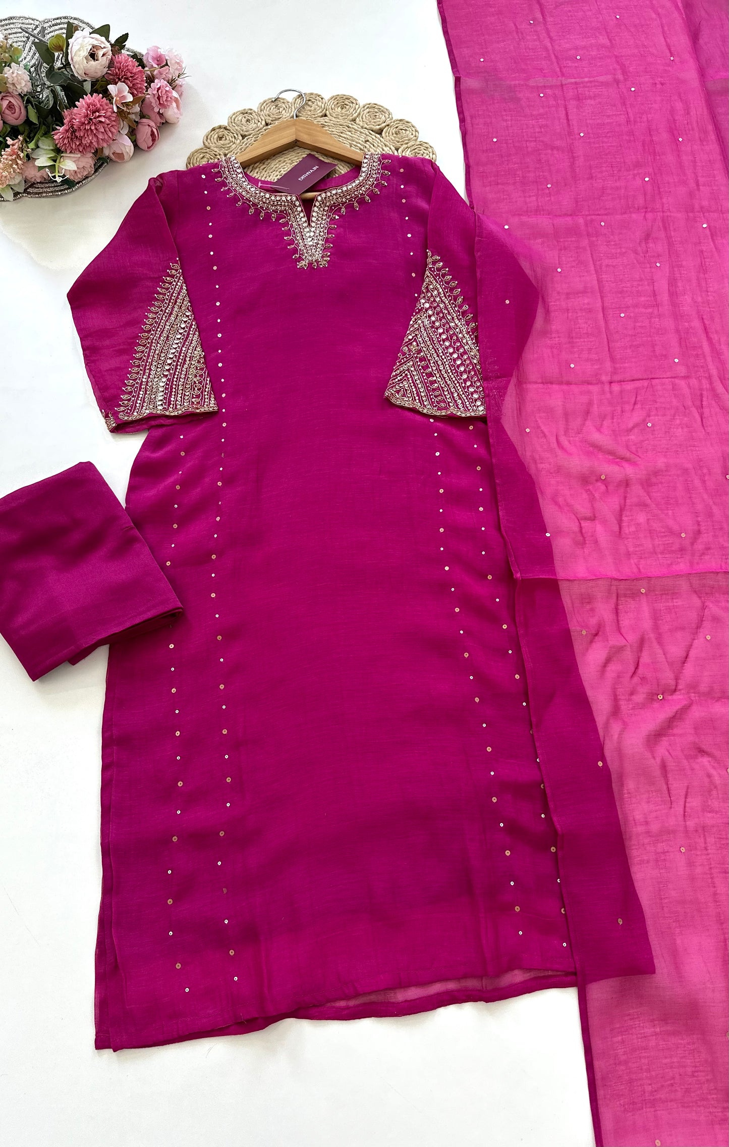 K080 - Mul Chanderi handwork straight kurti with pants and dupatta