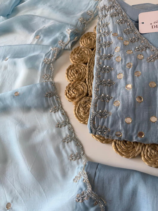 K642 - Mul chanderi mirror work Anarkali with pants and dupatta