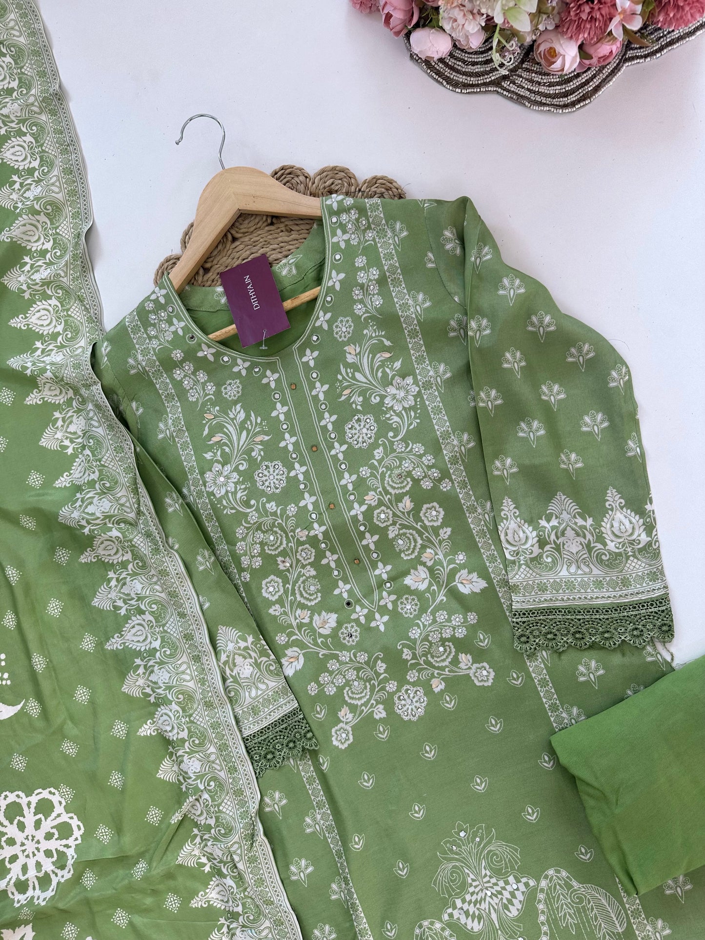 K119 - Crepe Printed mirror work straight Kurti with pants and dupatta