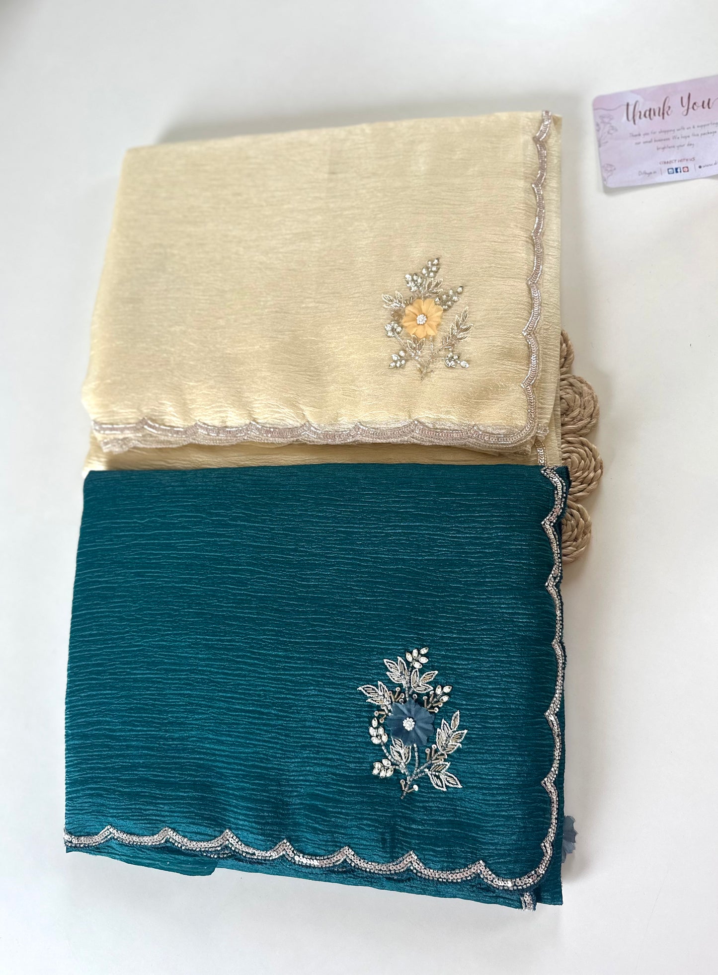 S001 - Crushed Tissue Handwork saree in 2 colours.