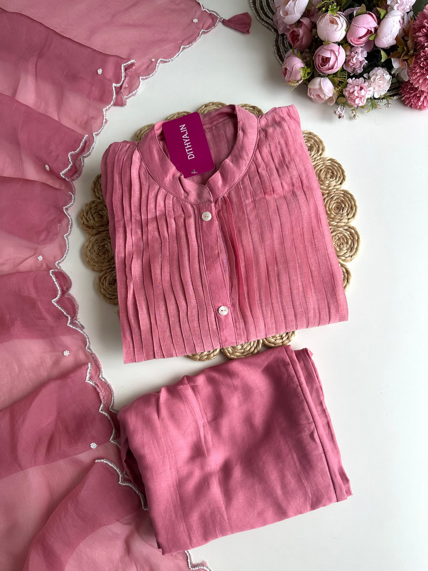 K018 - Mul Chanderi Handwork Aline Kurti with pants and dupatta