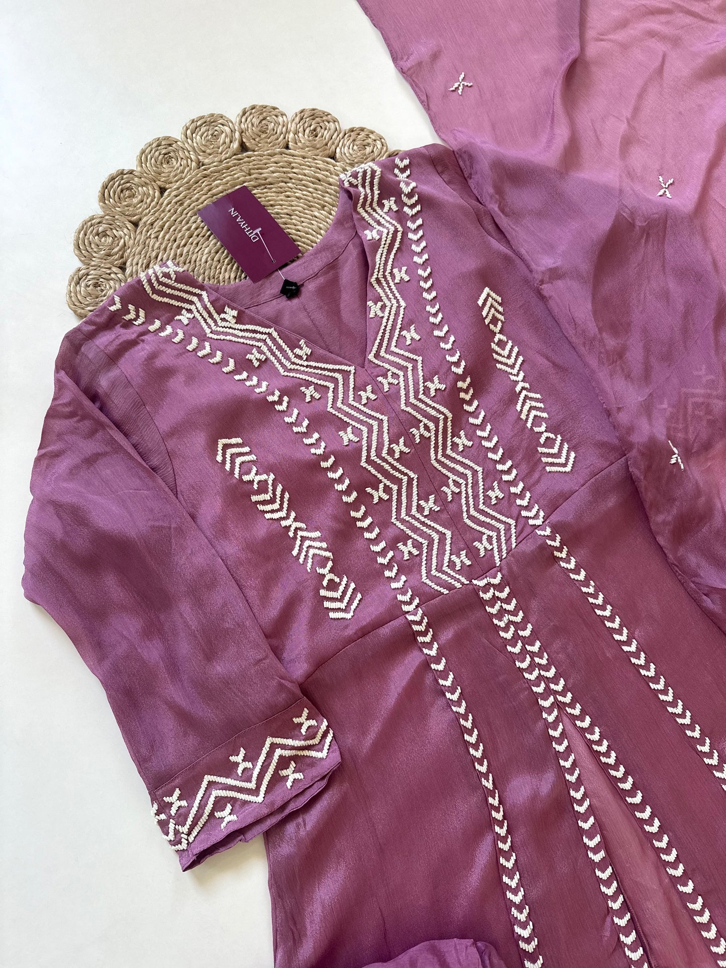 K150 - Pearl work Chinnon Aline Kurti with centre slit , straight pants and organza dupatta .