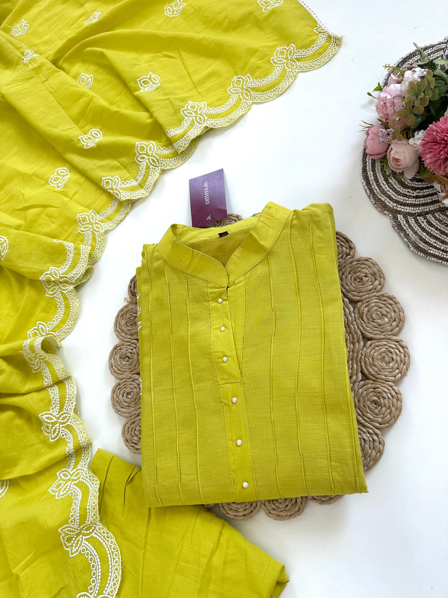 K089 - Mulmul cotton embroidered Anarkali with pants and dupatta in 2 colours